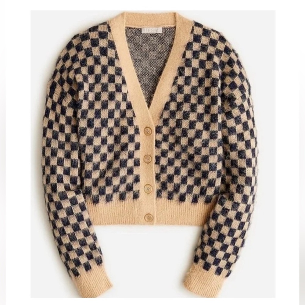 NWT J Crew Checkered V Neck Cardigan Sweater, Brushed Yarn Navy and Camel - M